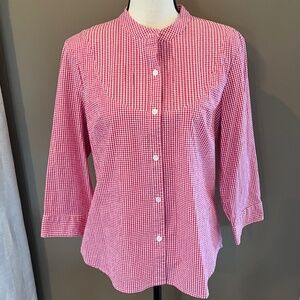 Talbots Red & White Stretch Gingham Button Down Mandarin Collar, Size Medium